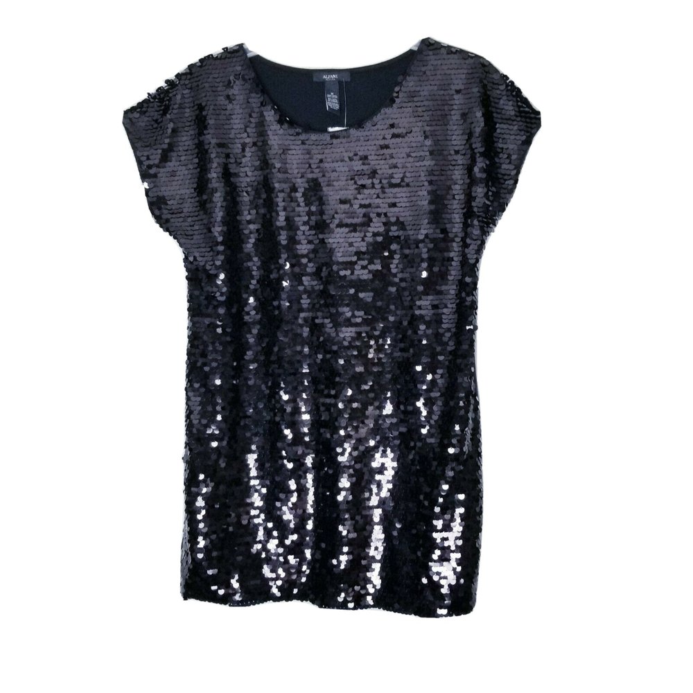 Alfani Pure Luxe Sequin Black Top Women Size Medium Petite NWT